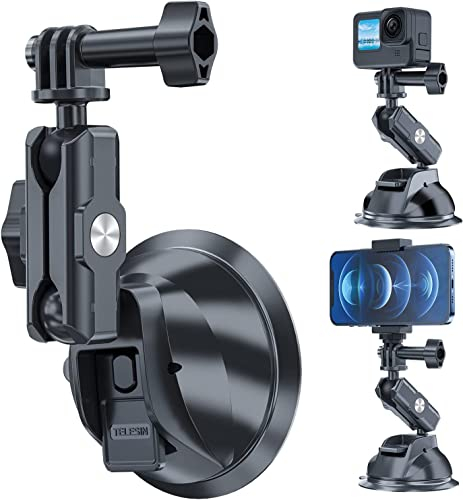 TELESIN Supporto Ventosa per GoPro Auto Supporto per Telefono, Go Pro Hero 13 12 11 10 9 8 DJI Osmo Action 5 Pro 4 3 Pocket 3 Insta360 X5 X4, con Rotazione a 360° per Cruscotto, Finestra, Veicolo