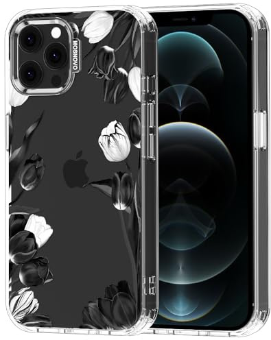 MOSNOVO für iPhone 12 / iPhone 12 Pro Hülle – Durchsichtige, schlanke, stoßfeste TPU+PC-Handyhülle, [6,6 Fuß Fallschutz/Anti-Abziehen] - Schwarz-weiße Tulpen