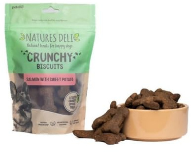 Natures Deli Salmon & Sweet Potato Biscuit Dog Treats, 225 g (2-Pack) | Crunchy Biscuits, Gluten Free, Low Fat, Tasty Bite-size Treats for Dogs, Slowly Roasted, For Training