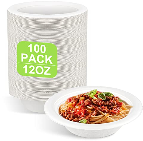 GREENESAGE 100 Pack Paper Bowls - 12oz Eco-Friendly, Strong White, Biodegradable & Compostable Soup Bowls for Party & Hot Food