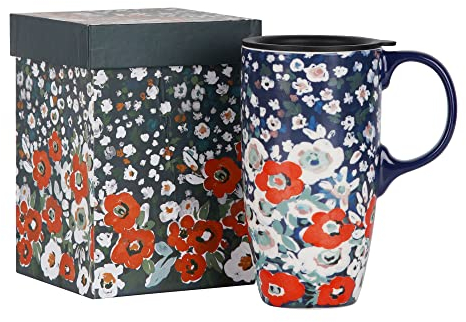 Topadorn Ceramic Travel Mug with Lid Coffee Mug with Gift Box Latte Mug Coffee Cup, 17oz Large Capacity Mug Home Office Gift, White Flower