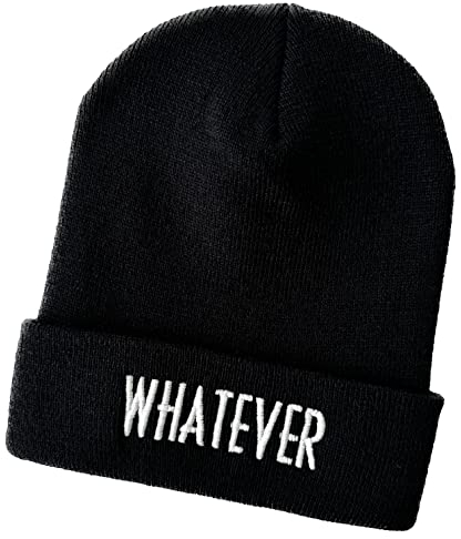 Schnoschi Schwarze Mütze/Strickmütze mit Whatever Spruch Bestickt für Damen, Herren, Jugendliche und Kinder, Beanie Wollmütze Hip Hop Wintermütze Rollmütze Streetwear Unisex OneSize