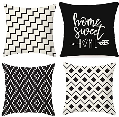 Sofakissenbezug 40X40cm 4er Set ,Kissenbezug Schwarz Weiß Home Sweet Home Kissenbezug Geometrische Kissenbezüge Quadratische Kissenhülle Leinen