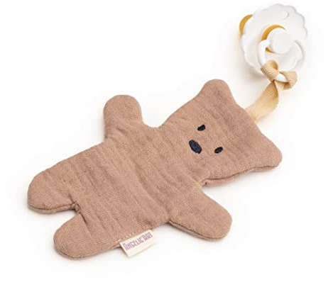 Schnullerhalter aus Musselin, Teddybär aus Musselinstoff mit Befestigung für Nuckis (Natur)