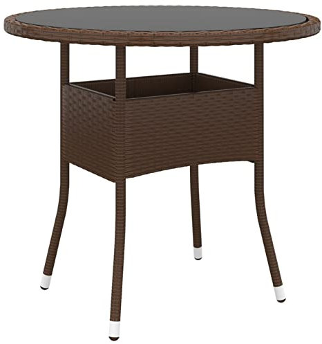 Homgoday Mesa de jardín, diámetro 80 x 75 cm, cristal templado y polirratán marrón, mesa de exterior, mesa de terraza, mesa de comedor, mesa de jardín, mesas exteriores