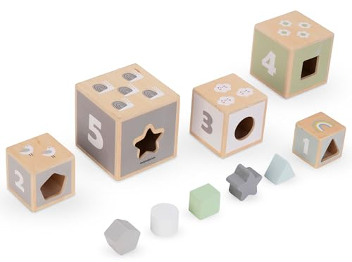 Mamabrum, Turm aus Holz – Formensortierer Zahlen Alphabet Tiere, 5 Würfel aus Holz, 5 Elemente mit geometrischen Formen stapelturm mit Tieren Baby stapelspielzeug