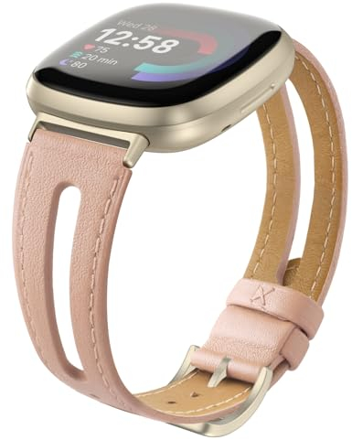 Tuocal Lederarmband Kompatibel für Fitbit Versa 4 / Versa 3 Armband/Sense Leder Armband, Schlankes Weiches Ersatzarmband Kompatibel mit Fitbit Versa 4 / Versa 3 / Sense Damen Herren, Rosa