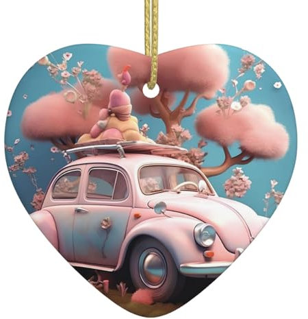 Rosa Kirschbaum Auto Weihnachtsschmuck, Herzförmige Weihnachten Hängende Ornament für Weihnachtsbaum Dekorationen, Keramik Andenken Geschenk, Xmas Keramik Ornament Home Decors