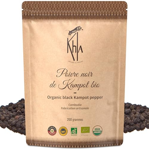 Khla - Pimienta Negra de Kampot 200g - Pimienta en Grano Orgánica - Grand Cru, Rara y Delicada - Ingrediente de Cocina - Directo del Productor - Especia Asiática - Origen Camboya