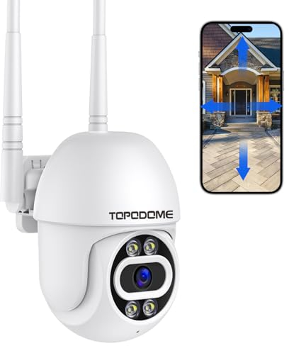 Topodome Cámara Wi-Fi Exterior con Alarma Humanoide, Cámara de Vigilancia WiFi Interior 1080P, Fijación Automática PTZ de 360 Grados, Visión Nocturna Infrarroja y Color de 20 m, Audio Bidireccional IP