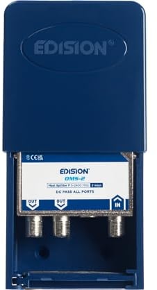 EDISION OMS-2 Repartidor de Mástil 2 Salidas Exterior, Adecuado para Terrestre, Satélite, Televisión por Cable, Unicable, 5-2400mhz, DVB-S2, DVB-T2, DVB-C, Paso de DC, Caja Estanca Exterior, 2-Vías