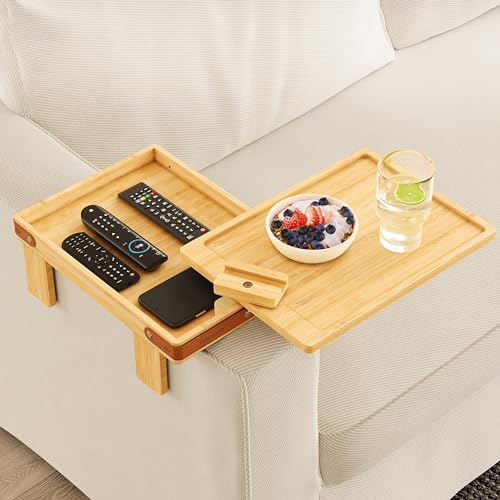 Wealone Sofatablett Armlehne, Bambus Sofalehne Ablage mit Aufbewahrungsbox, 360° Drehbarem Tischplatte und Handyhalter, Verstellbarer Clip On Sofa Tablett für Breites Couch, Couch Ablage für Essen