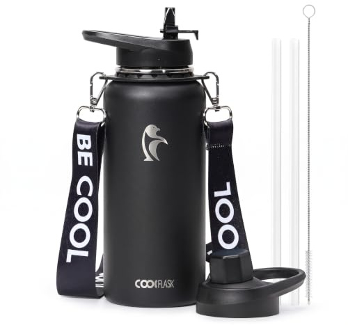 Coolflask 1l Insulated Water Bottle Stainless Steel with Strap | Metal Water Flask with Straw & Spout Lids, Triple-Wall, Cold 48+h, Dishwasher Safe, Leakproof, BPA-Free, for Gym & Hiking