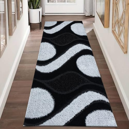 Fit Even Swirl Runner Rug – Washable Non-Slip Carpet Runner rugs for Hallway, Kitchen, Living Room, Corridor, Entryway, and Door Entrances (Black & White, 60x220 cm)