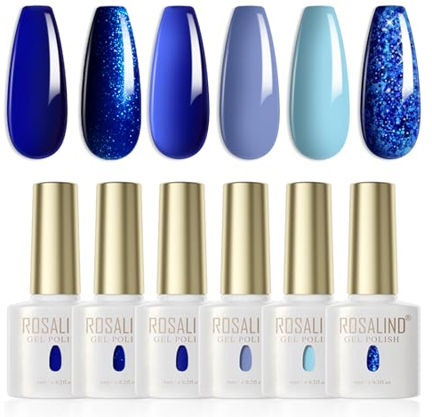 ROSALIND Esmaltes Semipermanentes Para Uñas,6 Colores Azul Marino Azul Lago Azul azul pálido Glitter,Pintauñas Semipermanentes Soak Off UV/LED Gel Uñas Diy Manicura Nail Art Set