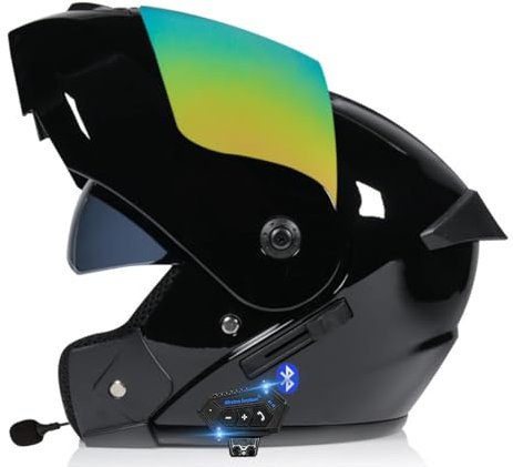 RQTEUYE Bluetooth Casques Modulables Moto ECE Homologué, Casque Moto Rabattable Casque IntéGraux Double VisièRe Microphone Double Haut-Parleur pour Hommes Femmes Adultes S-XL (21.6-24.4in)