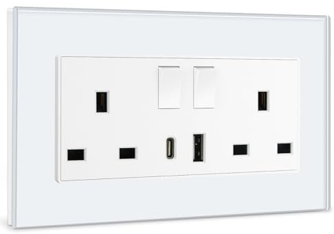 BSEED Double Switched Sockets with USB C and USB A Charging Ports, UK Standard Electric Power Sockets with Glass Panel, 2 Gang 13A Wall Socket, White