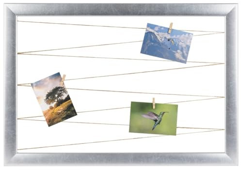 CLAMARO 'Neo Collage Line' Fotohalter 90x70 cm | Silber | Querformat Bilderrahmen mit Fotoleine aus Juteband und Holzklammern | Ideal als Fotocollage Galerie, Fotowand oder Fotorahmen