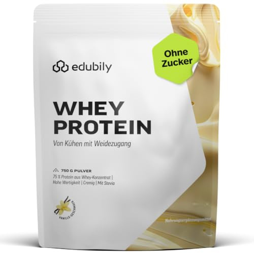 edubily® Whey Protein Konzentrat - Aus Milch von Kühen mit Weidezugang - Ohne Zucker & mit Stevia gesüßt - Optimale Löslichkeit - Made in Germany (750 g, Vanille)