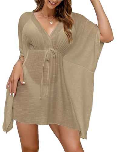 Vossmi Robe de Plage Femme Été Cache Maillot de Bain V-Cou Bikini Cover Up Élastique Couvrir Kimono Tunique Plage Transparente à Cache Cover Up Mode Vêtement de Plage,Kaki
