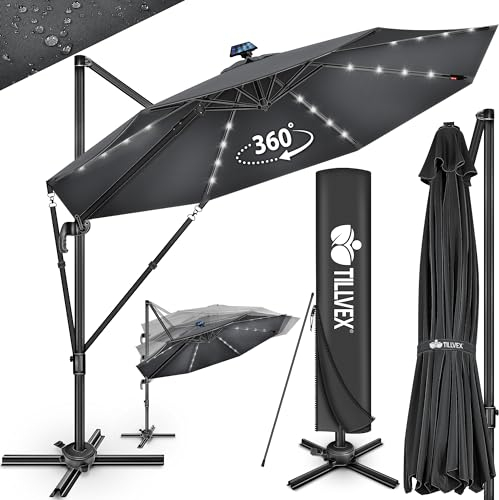 tillvex® Sombrilla Premium 330 cm LED Solar con manivela, cubierta y protección contra el viento, 6 posiciones ajustable con manivela, Parasol de jardín giratoria 360°