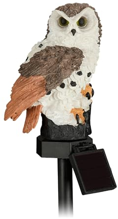 Relaxdays Solareule, mit Erdspieß, wetterfeste LED Eule, Gartenstecker, für den Außenbereich, Solarleuchte, weiß/grau