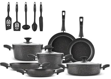 Karaca Biogranite 15-Piece Induction Cookware Set, Medium & Large Stockpot, Dual-Handle Frying Pan, Shallow Casserole, Cooking Utensil Set, BlackGold