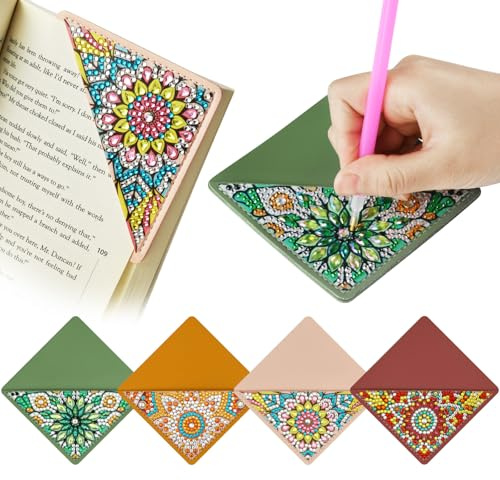 AUAUY 4 Stück Diamant Malerei Lesezeichen, 5D Stickerei Malerei, Dreieck A | 5D DIY Diamond Painting Lesezeichen, Stickerei Malerei nach Zahlen Kit, für Valentinstag Weihnachts Student Graduierung