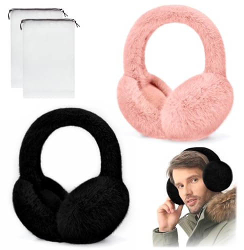 LPAMABA 2 Pièces Cache Oreilles Cache Oreilles pour l'hiver Femmes Réglables Cache Oreille Fille Hiver Chaud Cache Oreilles Pliables Pour Femme Homme Cadeaux d'hiver de Noěl- Noir & Rose