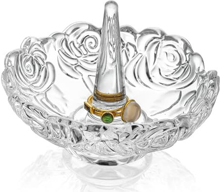 H&D HYALINE & DORA 4”Clear Crystal Ring Holder,Round Glass Ring Dish,Jewelry Rack Ring Holder for Wedding,Jewelry Display Gifts for Mom Wife Girlfriend