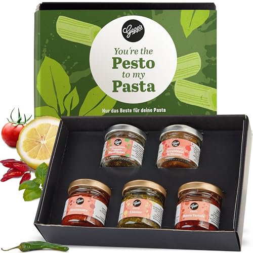 Gepp's Feinkost Pesto Geschenkset I 5-teiliger Geschenkkorb mit italienischen Spezialitäten I 3x Feinkost Pesto & 2x Pasta-Gewürz Bio I Delikatessen Präsentkorb mit Trüffel-Pesto, Pesto Limone u.v.m.