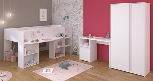 möbelando Jugendzimmer-Set >Pirouette 13< (3-teilig) Weiss/Rose oder grau, Hochbett, Schrank, Schreibtisch