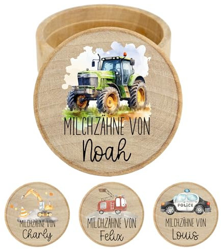 Personalisierte Milchzahndose mit Namen aus Holz mit kinderfreundlichem UV-Druck - Zahndose Milchzähne als Erinnerung an die ersten Zähnchen - Traktor - Polizei - Feuerwehr - Bagger (Traktor)