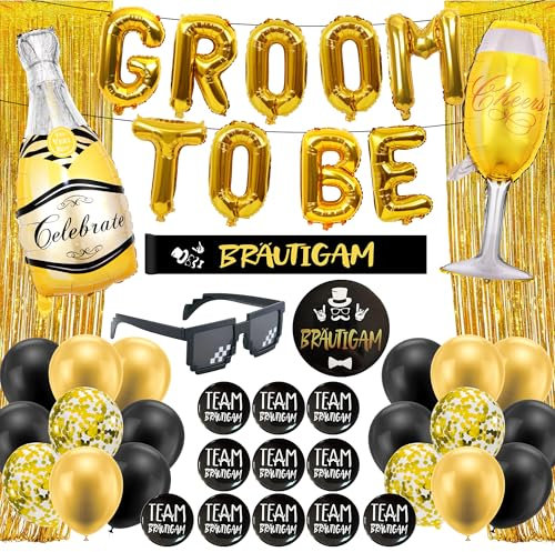 JGA Deko Männer Bräutigam Luftballons - 44 Stück Gold Groom To Be Alphabet Folienballons Banner Anstecker Schärpe Für Junggesellenabschied Männer Vorschlag Engagement Hochzeit Decorations Supplies