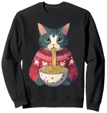 Lustige Ramen Katze im Weihnachtspullover isst Nudeln Outfit Sweatshirt