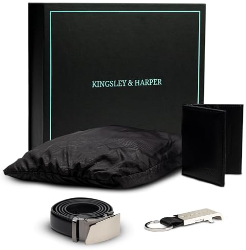 Kingsley & Harper Mens Gift Set with Leather Ratchet Belt, Bifold Wallet & XXL Raincoat | Gift Box for Men, Dad, Husband - Perfect for Birthdays, Christmas & Father's Day