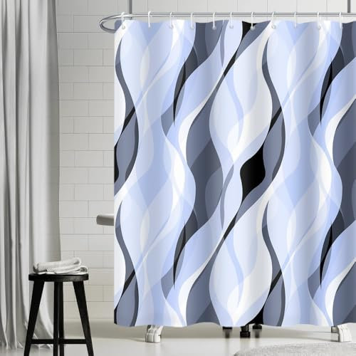 Uiiooazy Rideau Douche Anti Moisissure, Rideau de Douche Bleu Abstrait Rayures Gris Rayé Rideaux de Baignoire Tissu Imperméable Lavable Polyester Rideaux Salle de Bain avec 12 Crochets 180x240cm