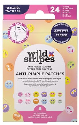 Wild Stripes - Anti-Pimple Patches Smile Stop - Cerotti brufoli colorati con olio di tea tree per cura rapida ed efficace - Anti brufoli e punti neri - Pelle impura - 24 pezzi