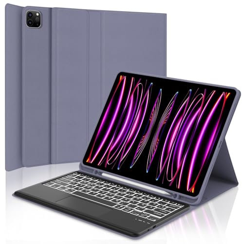 Tastatur für iPad Pro 12,9 con Touchpad, Hülle mit Tastatur für ipad Pro 6./5./4./3. Generation, Bluetooth QWERTZ Magnetische 7 Farben Beleuchtete Keyboard für iPad 12.9 Zoll (6/5/4/3) 2018-2022, Lila