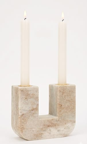 Spiretro Eleganter Kerzenhalter aus Marmor in U-Form für Stabkerzen, echter Marmor mit grau-weißer und brauner Äderung, weiche Pads für Oberflächenschutz, 14 cm B x 11,4 cm H x 4,4 cm T