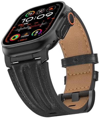 Bouixel Top Grain Genuine Leather Strap Compatible with Apple Watch Ultra 3 Straps 49mm 46mm 45mm 44mm 42mm, Rugged Metal Connector Band for Women Men iWatch Ultra 2/1 Series 11 10 9 8 7 6 5 4 3 SE