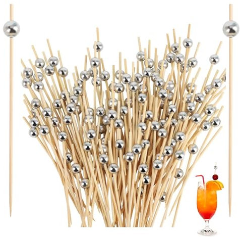 100 Piezas Palillos de Cóctel, Palillos de Dientes de Cóctel de Bambú con Perla, Palillos Cóctel Madera para Charcutería Sándwich Frutas