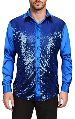 AIEOE Herren Glitzer Shirts Button Down Hemd Satin 70er Disco T Shirt Sparkle Nachtclub Tops Clubwear XXL