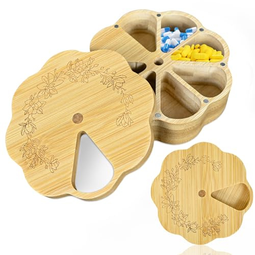 Whemyreat Tablettenbox 7 Tage,Pillenbehälter aus Holz 7 Tage,tabletten organizer mit Magnetverschluss,Medikamenten Organizer,tablettenspender für Vitamine, Pillen und Nahrungsergänzungsmittel (Blume)