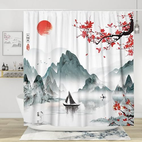 Duschvorhang 120x180 cm Chinesisch Duschvorhang Bergansicht Bad Vorhang Anti Schimmel Wasserdicht 3D Shower Curtains Waschbar Polyester Stoff Duschvorhänge für Badewanne Badezimmer A-5948