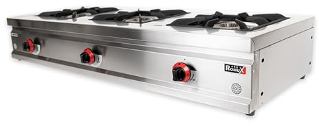 Romux Cucina industriale a gas 3 fuochi da 132 x 50 cm da tavolo orizzontale in acciaio inox con regolatore di fuoco e termocoppia | fornello a gas butano per bar e ristoranti