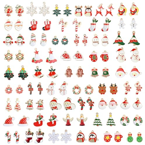 100PCS Christmas Charms for Jewellery Making, Small Accessories Ornaments Oil-drop Alloy Bracelets Necklaces Pendant Key Rings, Assorted Pendants Earring for Bracelet Necklace DIY Jewelry Making Craft