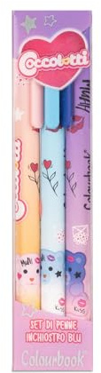 Colourbook Set 3 Penne a Sfera a Scatto Coccolotti - Penne Soft Touch Inchiostro Blu Punta Media per Scuola e Regalo Bambina