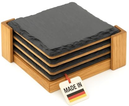 H&S Design Quadros Lot de 4 sous-verres en bois de chêne et ardoise, 10 x 10 x 0,5-0,8 cm, fabriqués à la main, pour verres et aliments fins, idée cadeau vin (avec support)
