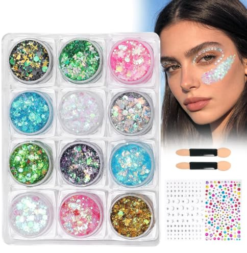 Prreal 12 Colours Glitter Face, Body Glitters for Eye Nail | Mermaid Sequin Chunky Gliter Set With Brush Self-Adhesive Glitter Stones, Eyeshadow Glitzer Powder Carnival Festival Accessor